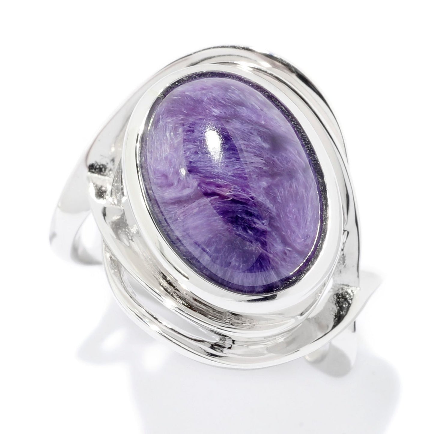 Pinctore Sterling Silver 14 x 10mm Oval Charoite Fancy Shank Ring - pinctore