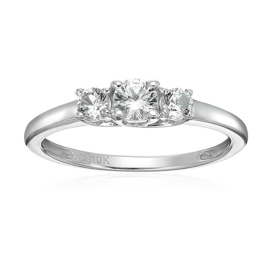 Pinctore 10k White Gold Created White Sapphire 3-Stone Engagement Ring - pinctore