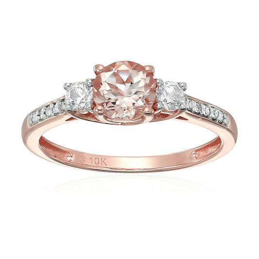 Pinctore 10k Rose Gold Morganite, Created White Shapphire and Diamond Accented 3-Stone Engagement Ring - pinctore