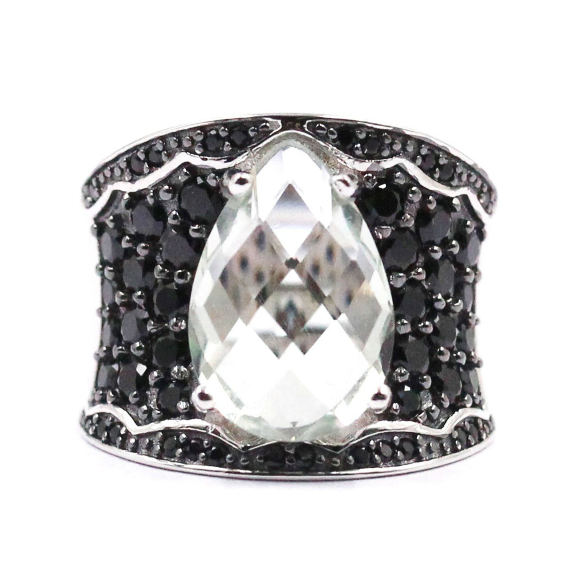 925 Sterling Silver Green Amethyst, Black Spinel Ring - Pinctore