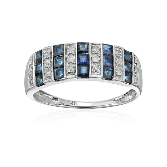 14kt White Gold Diamond with Blue Sapphire Ring - Pinctore