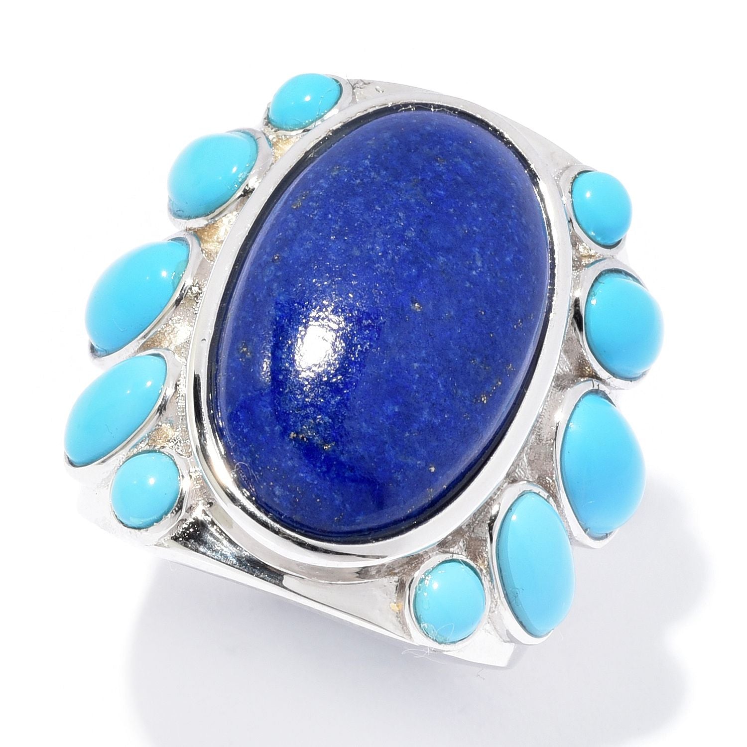 Pinctore 20 x 12mm Oval Shaped Lapis & Sonora Beauty Turquoise Ring - pinctore