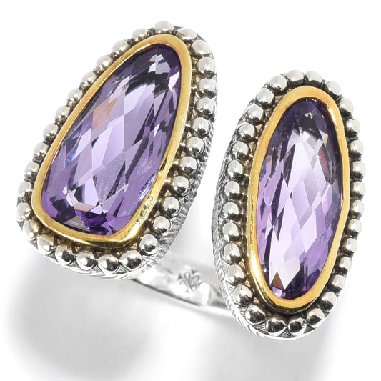 Pinctore Sterling Silver Elongated Pink Amethyst 2-Stone Bypass Ring - pinctore