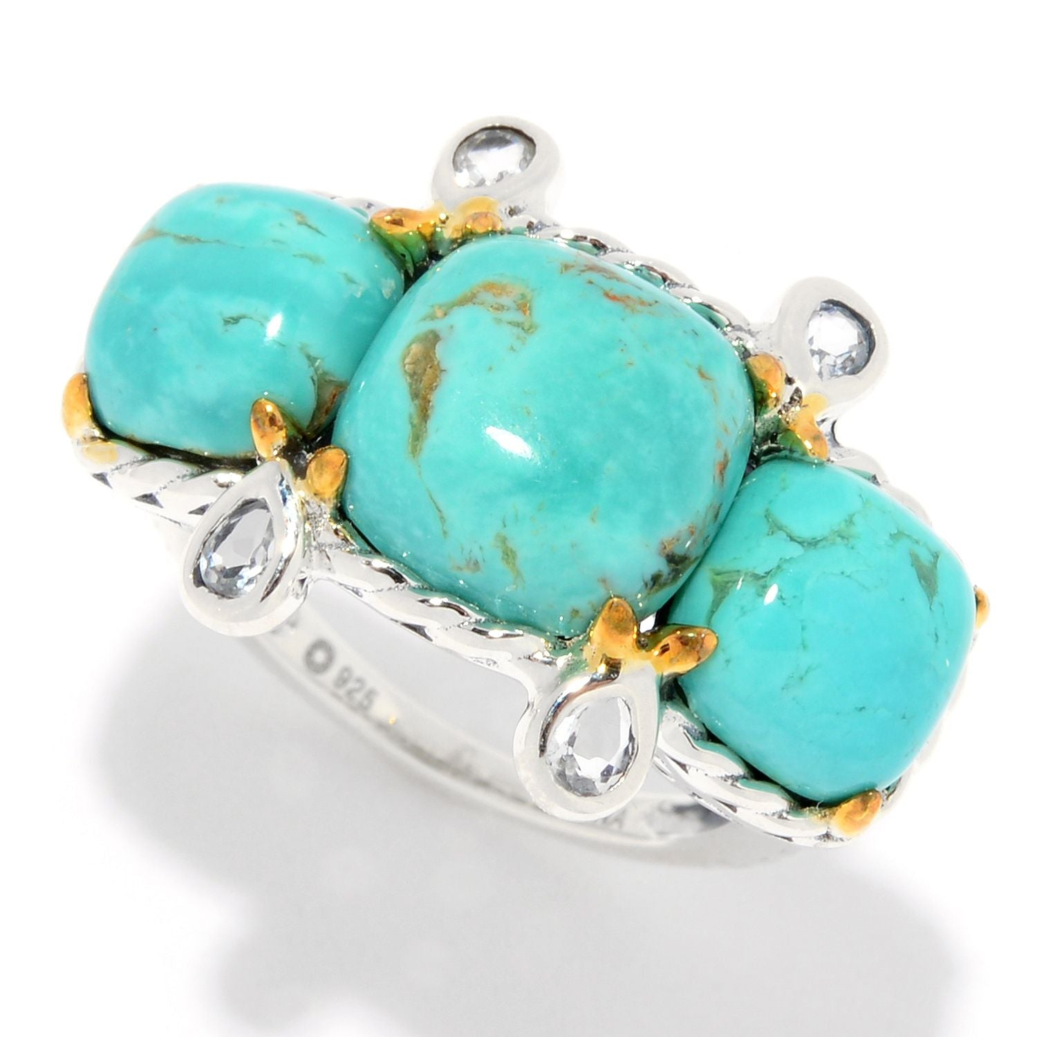 Pinctore Sterling Silver Cushion Shaped Tyrone Turquoise & White Topaz Ring - pinctore