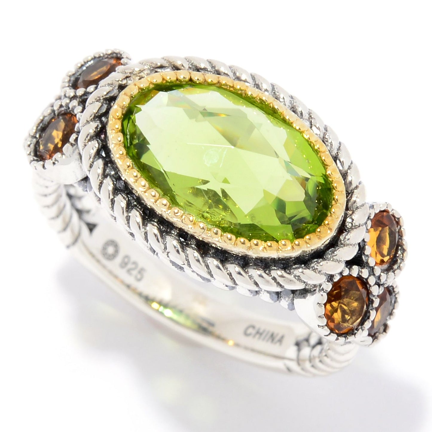 Pinctore Sterling Silver 3.55ctw Oval Peridot & Citrine Rope Detailed Ring - pinctore