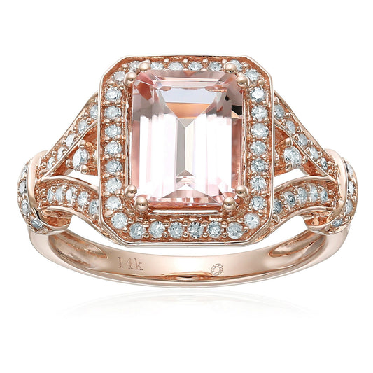 Pinctore 14k Rose Gold Emerald-cut Morganite and Diamond Halo Engagement Ring - pinctore
