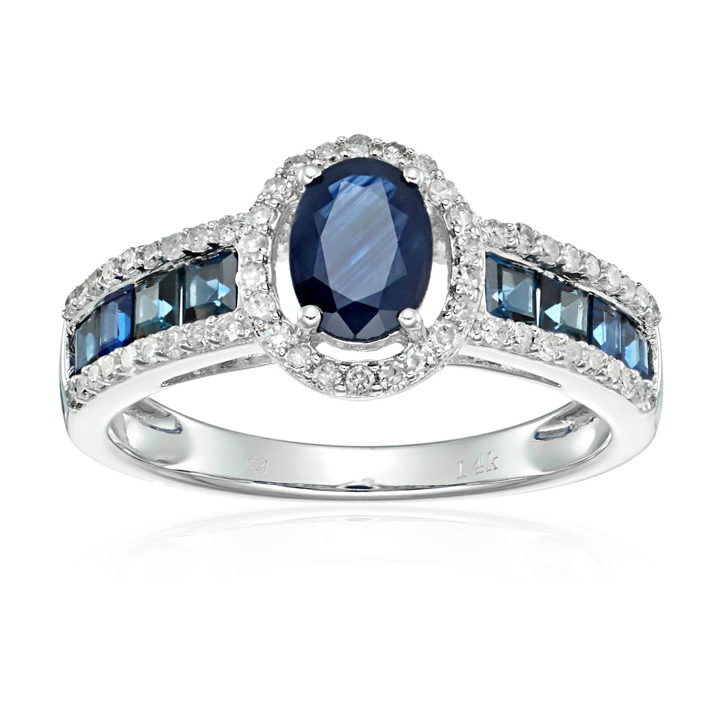 Pinctore 14k White Gold Blue Sapphire and Diamond Halo Engagement Ring - pinctore