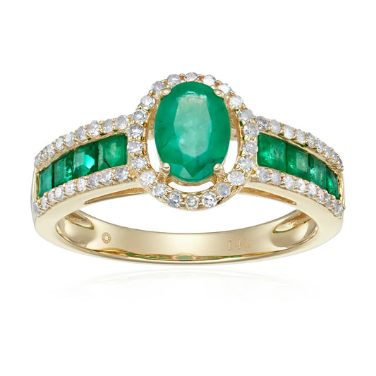 14k Yellow Gold Emerald and Diamond Halo Engagement Ring (1/4 cttw, I-J Color, Clarity I2-I3), - pinctore