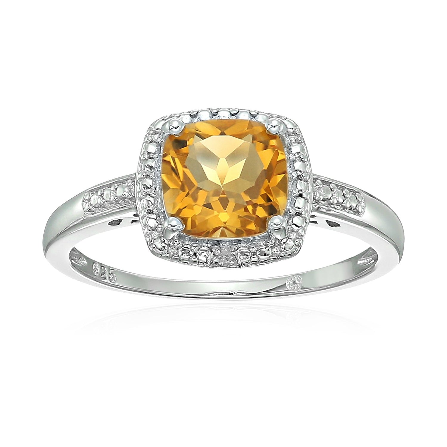 Sterling Silver Cushion Citrine and Diamond Accented Halo Engagement Ring - pinctore