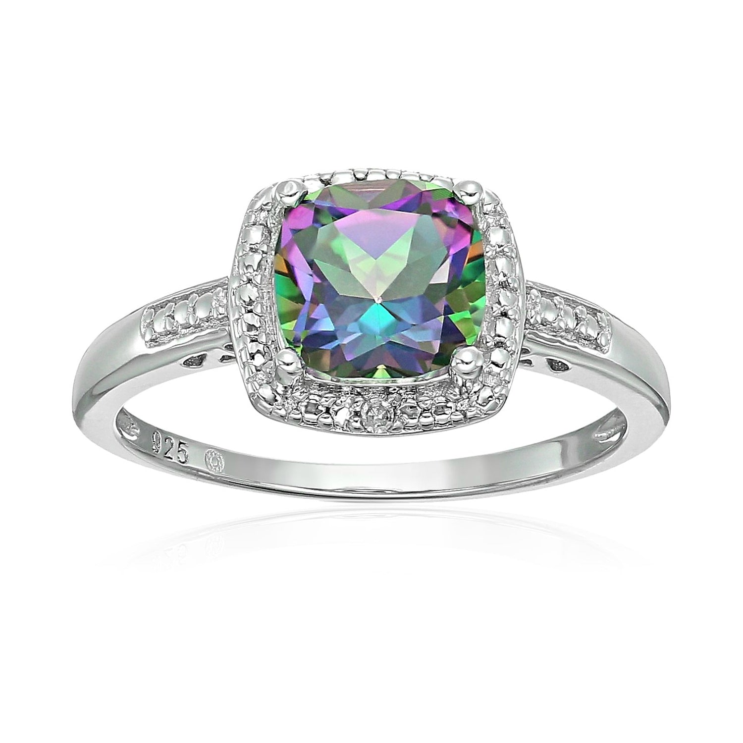 Sterling Silver Cushion Mystic Topaz and Diamond Accented Halo Engagement Ring - pinctore