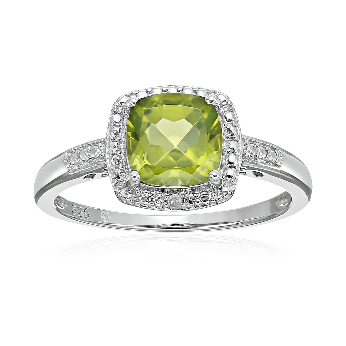 Sterling Silver Cushion Peridot and Diamond Accented Halo Engagement Ring - pinctore