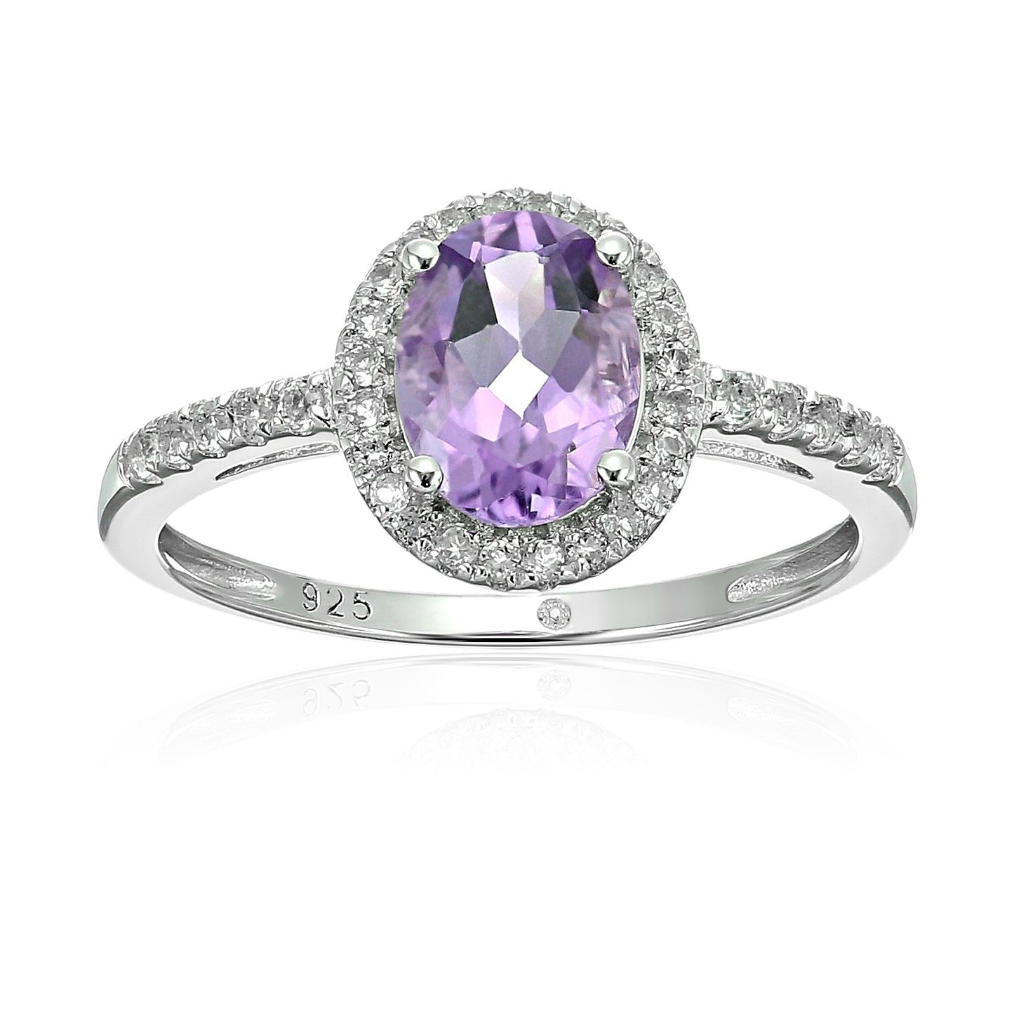 Sterling Silver Oval Amethyst and White Topaz Halo Engagement Ring - pinctore