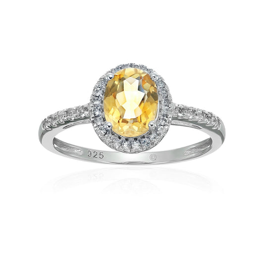 Sterling Silver Oval Citrine and White Topaz Halo Engagement Ring - pinctore