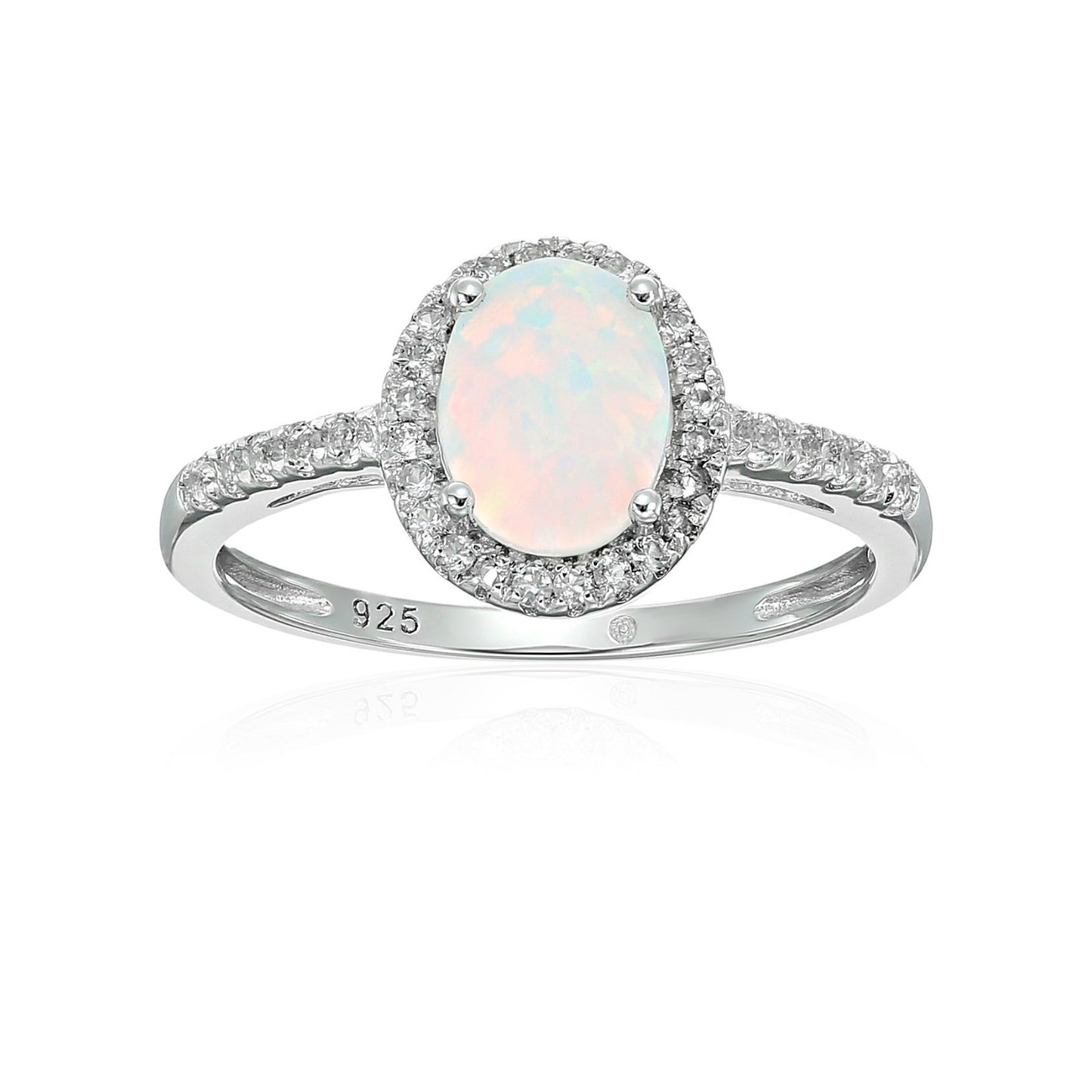 Sterling Silver Oval Created Opal and White Topaz Halo Engagement Ring - pinctore