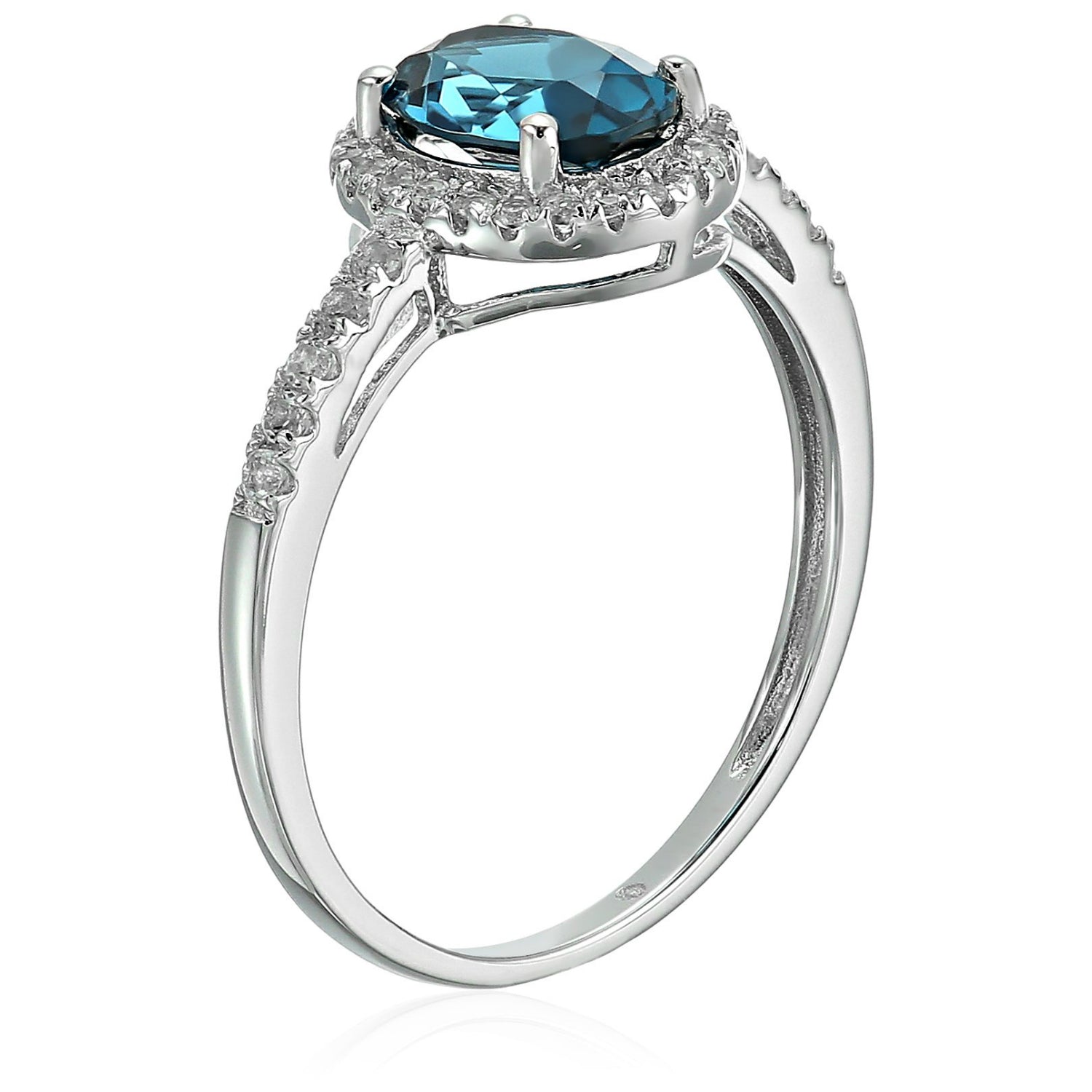 Sterling Silver Oval London Blue Topaz and White Topaz Halo Engagement Ring - pinctore