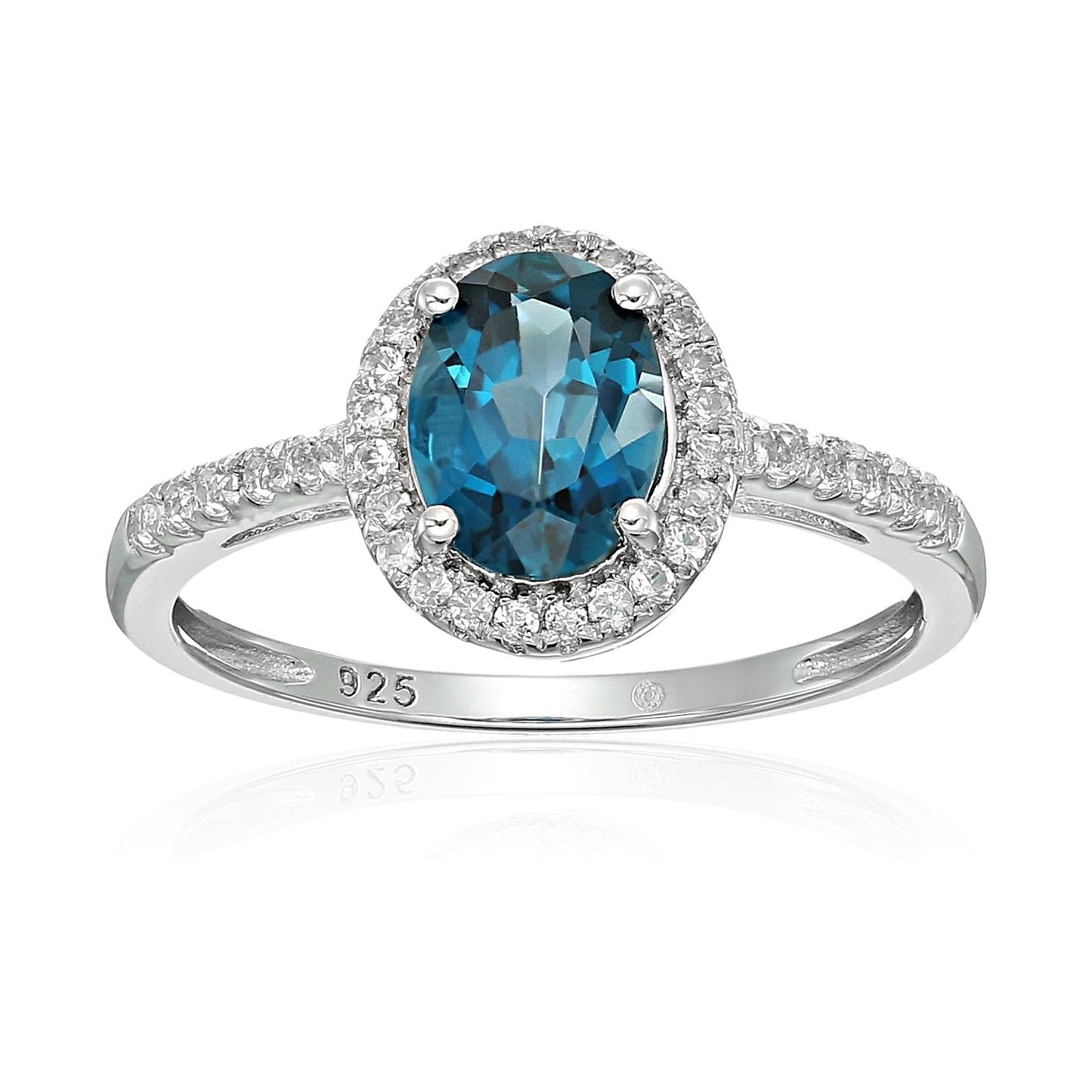 Sterling Silver Oval London Blue Topaz and White Topaz Halo Engagement Ring - pinctore