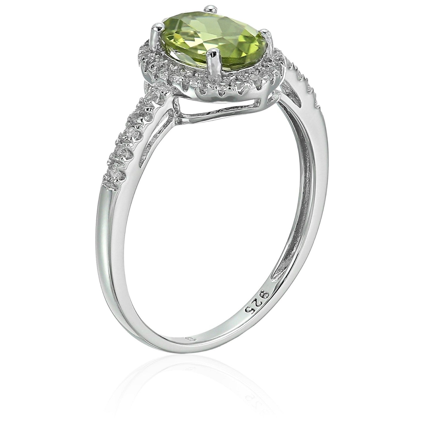 Sterling Silver Oval Peridot and White Topaz Halo Engagement Ring - pinctore