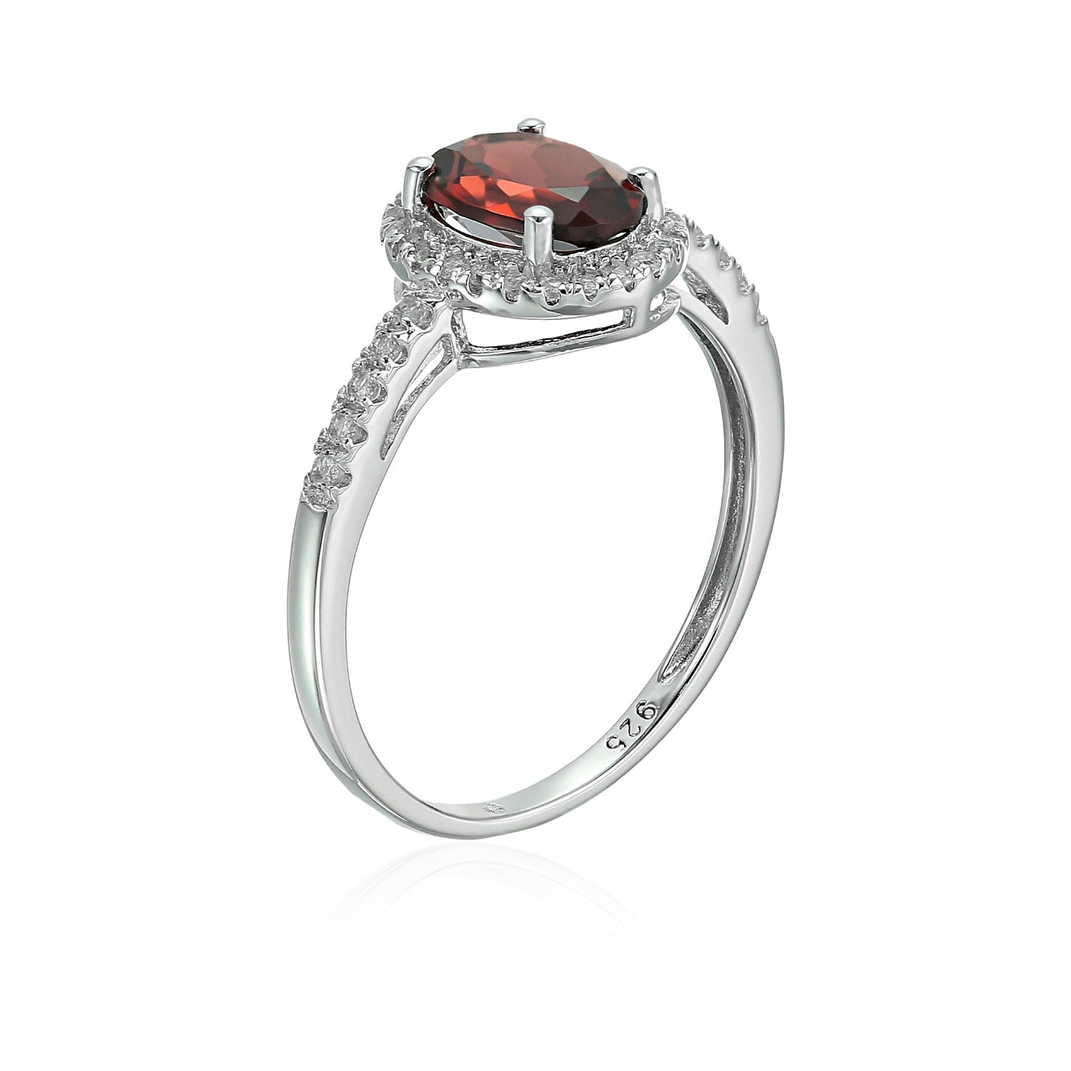 Sterling Silver Oval Garnet and White Topaz Halo Engagement Ring - pinctore