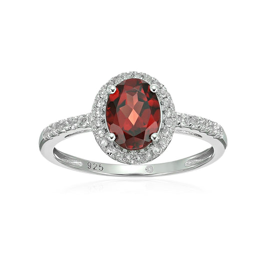 Sterling Silver Oval Garnet and White Topaz Halo Engagement Ring - pinctore