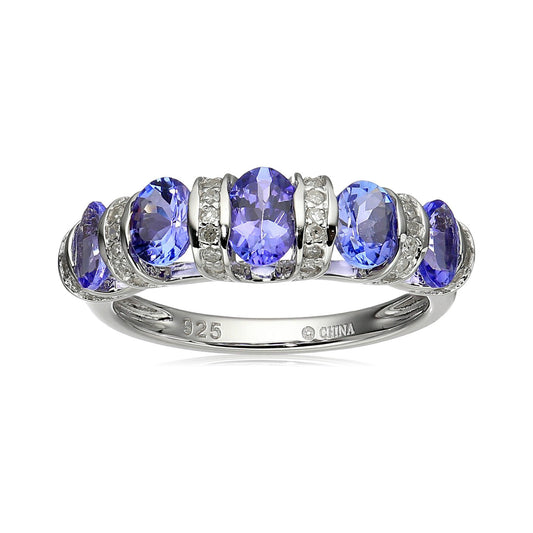 Pinctore Sterling Silver Tanzanite and Diamond 5-stone Stackable Ring - pinctore