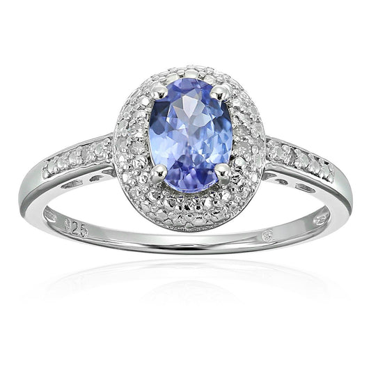 Sterling Silver 3/4 cttw Oval Tanzanite and Diamond Accented Engagement Ring - pinctore