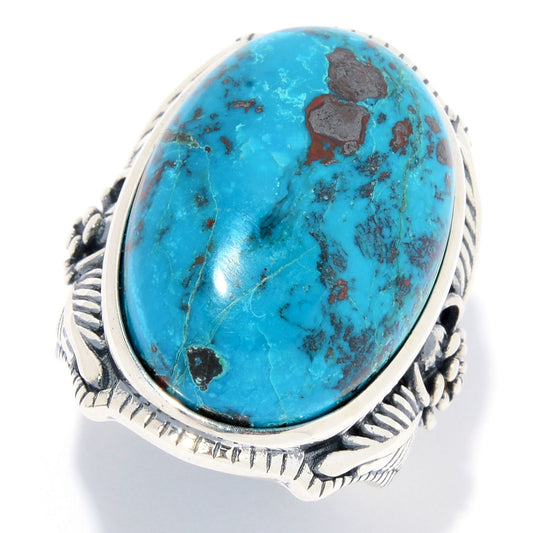 Pinctore Sterling Silver 24 x 16mm Oval Chrysocolla Flower Ring - pinctore