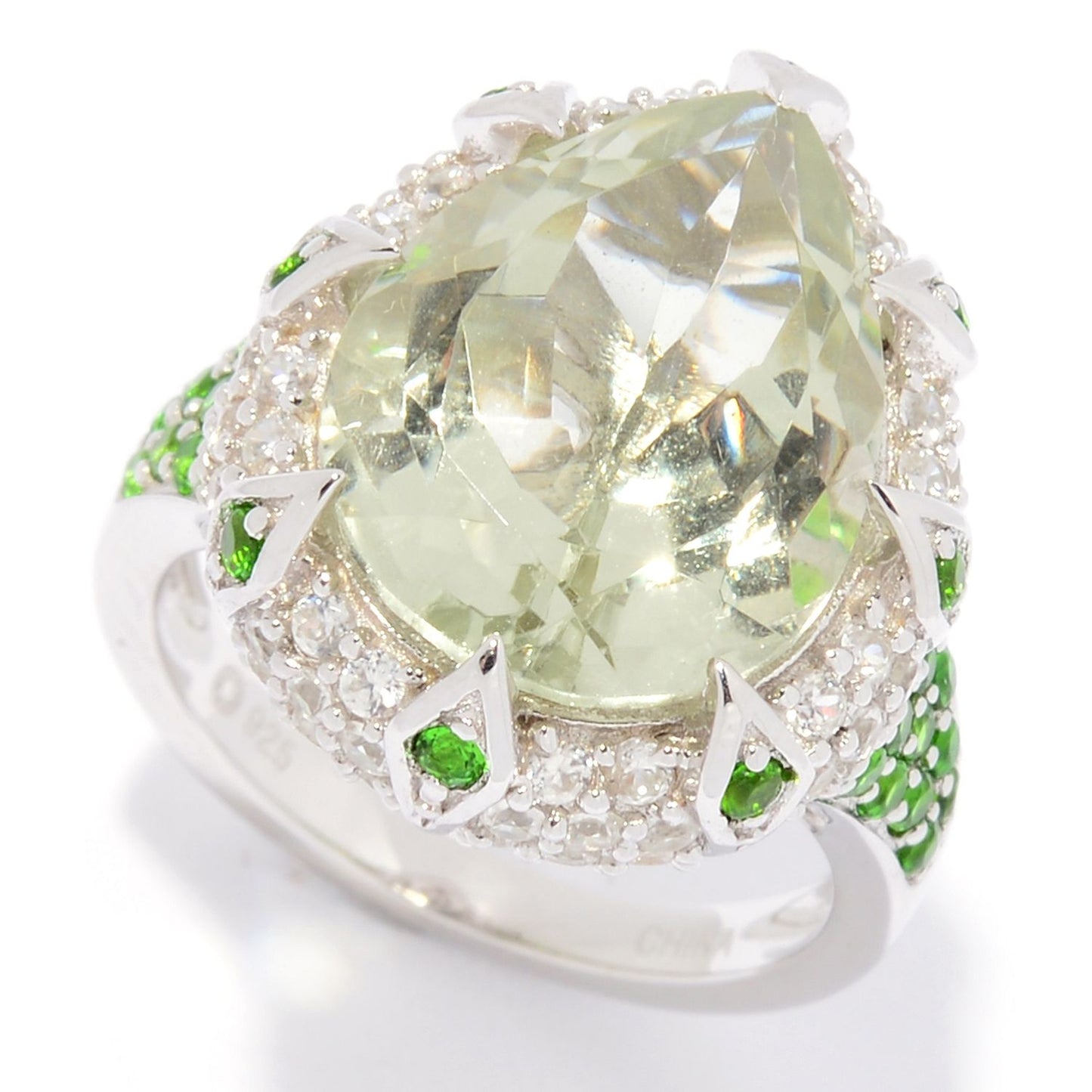 Pinctore Sterling Silver Pear Cut Chrome Diopside & White Zircon Ring - pinctore