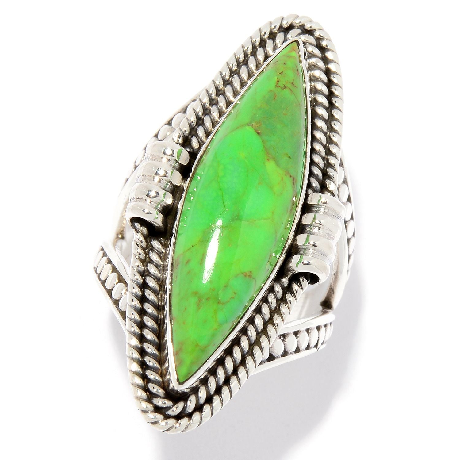 Pinctore Sterling Silver 28 x 8mm Green Mohave Turquoise Elongated Ring - pinctore