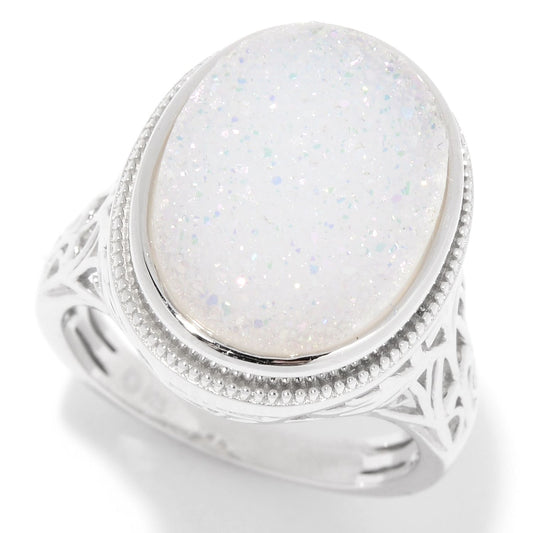 Pinctore Sterling Silver 16 x 12mm Oval Snow Opal Drusy Filigree Ring - pinctore