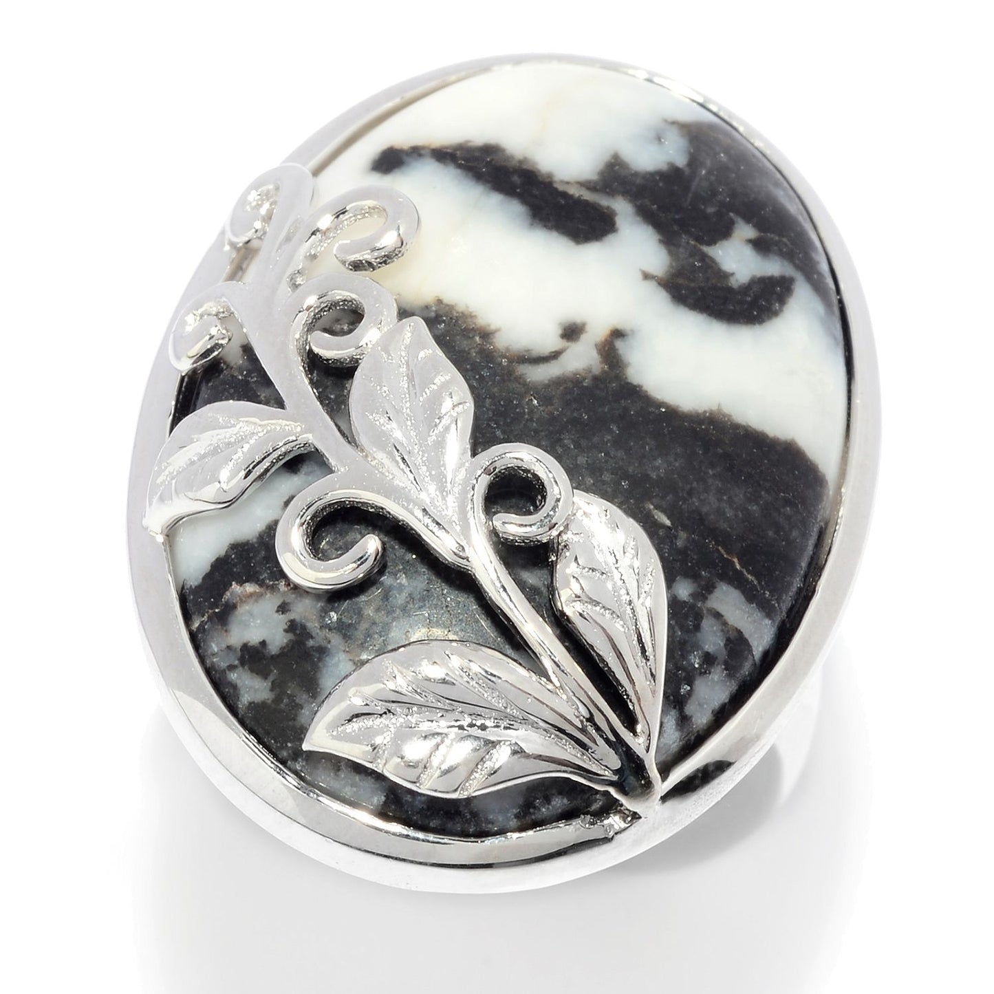 Pinctore Sterling Silver Oval White Buffalo Calcite Quartz Leaf Overlay Ring - pinctore