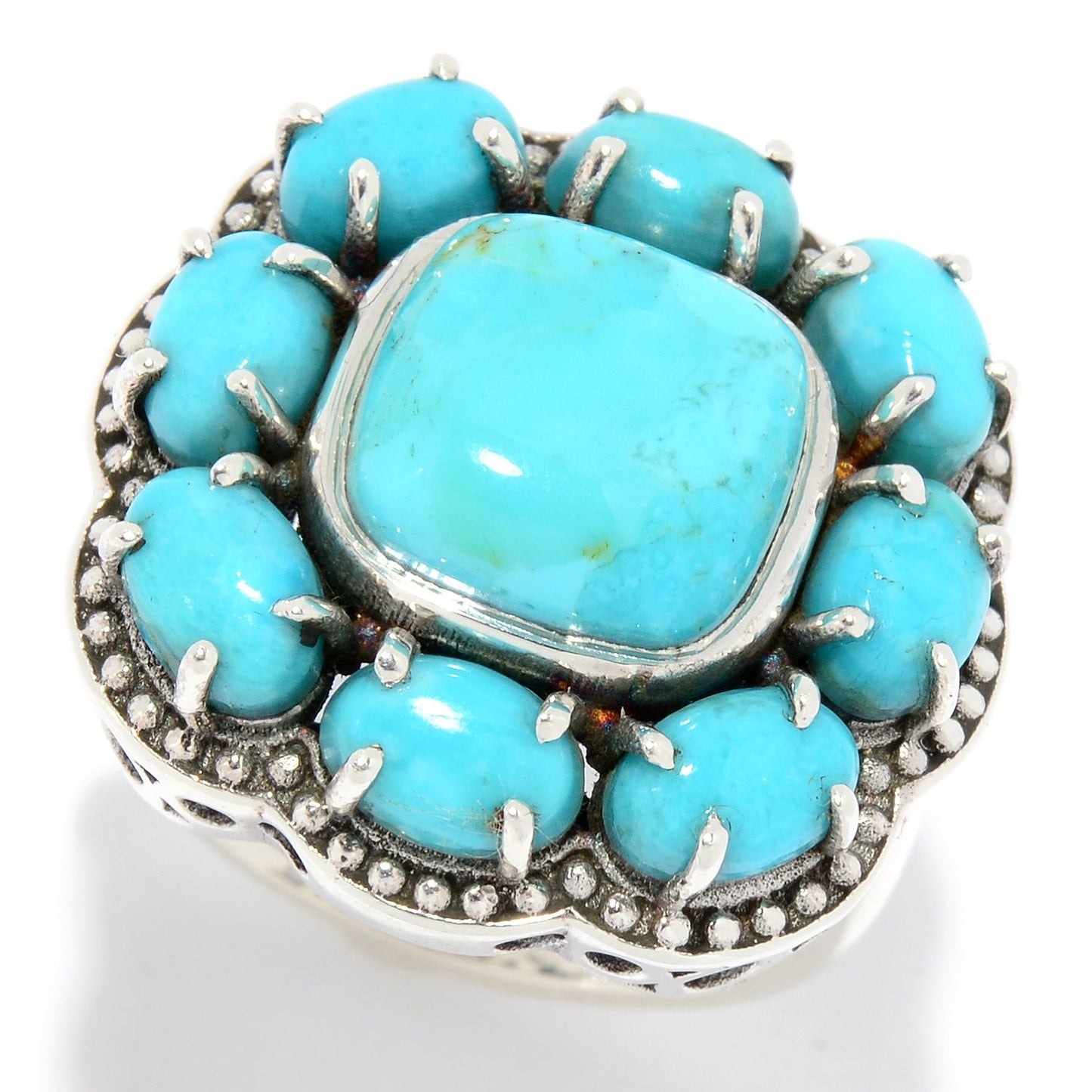 Pinctore Sterling Silver 10mm Kingman Mohave Turquoise Beaded Halo Ring - pinctore