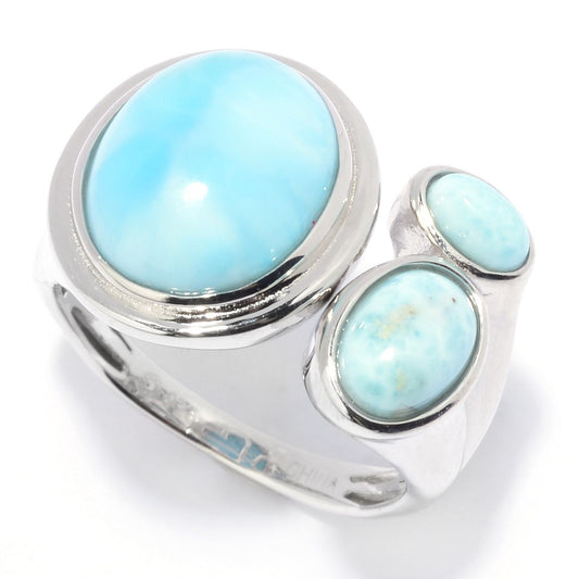 Pinctore Sterling Silver 12 x 10mm Oval Shaped Larimar Bypass Ring - pinctore