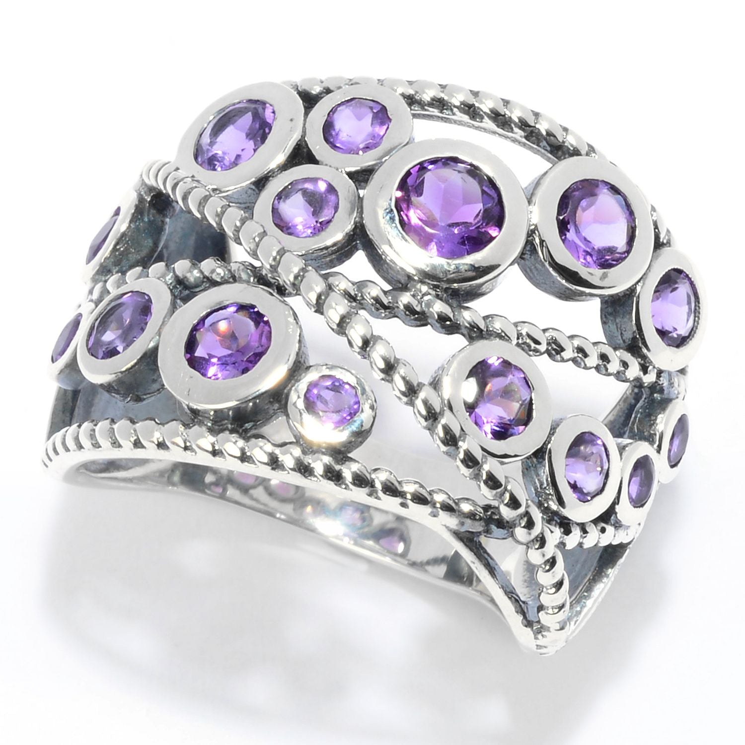 Pinctore Sterling Silver Round Amethyst Beaded Wide Band Ring - pinctore
