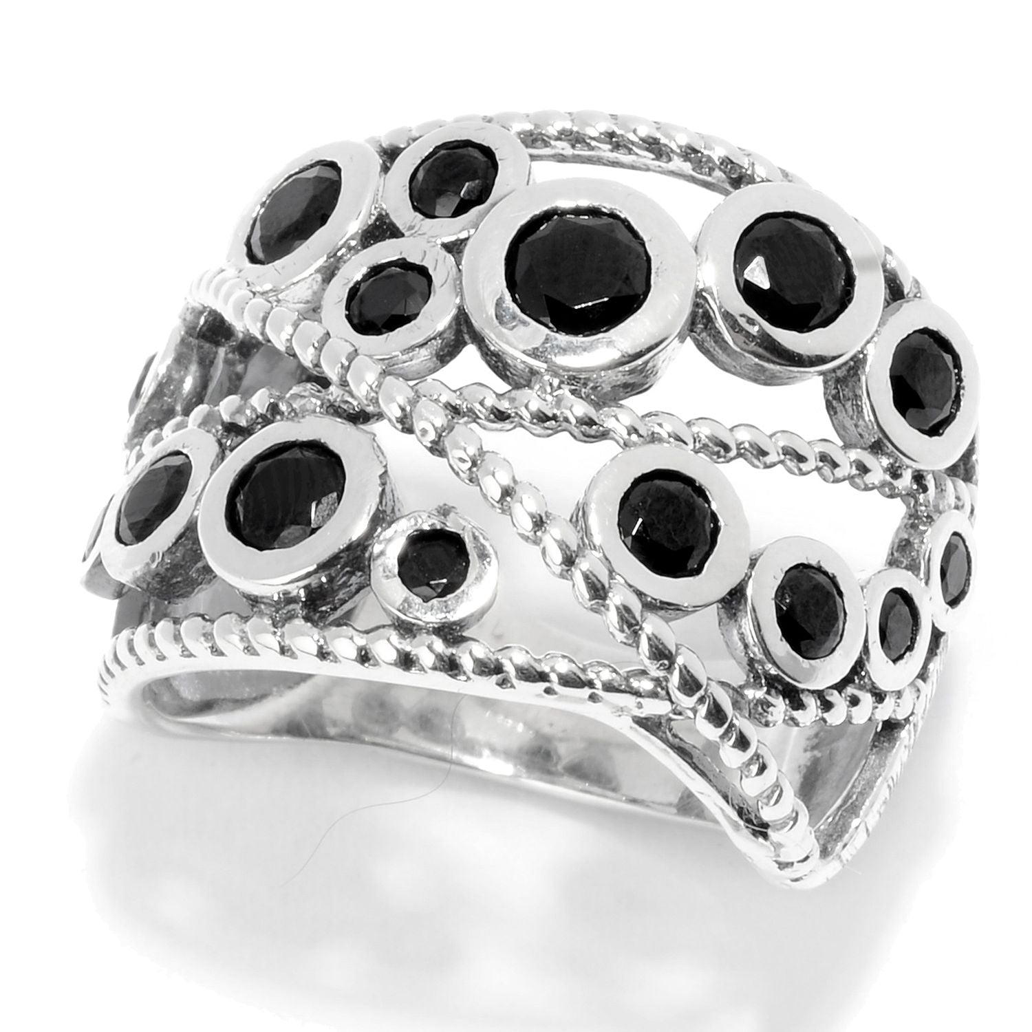 Pinctore Sterling Silver Round Black Spinel Beaded Wide Band Ring - pinctore