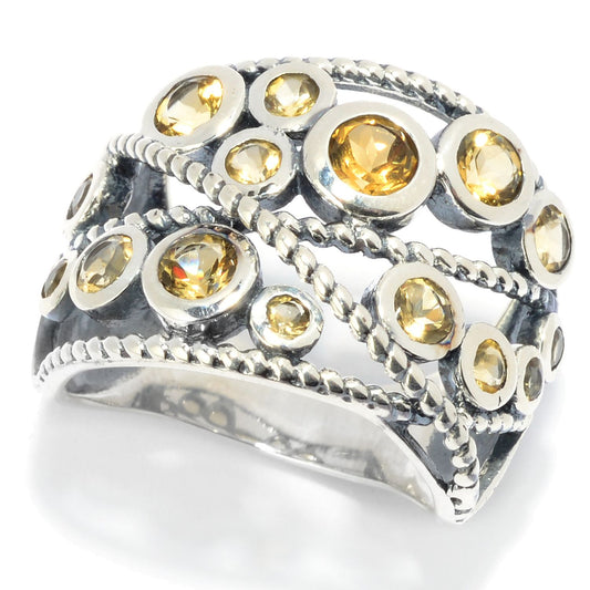 Pinctore Sterling Silver Round Citrine Beaded Wide Band Ring - pinctore
