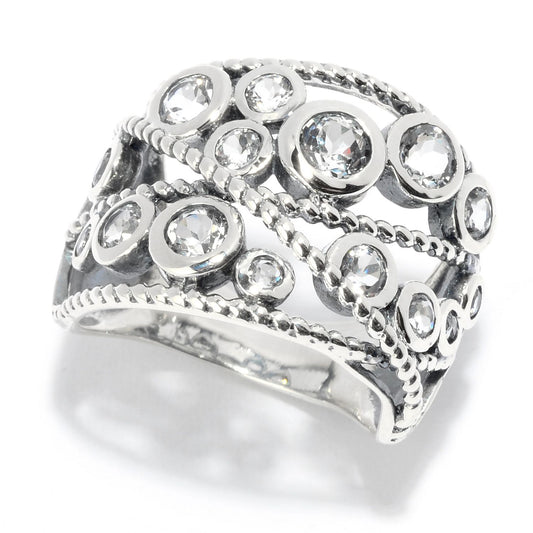 Pinctore Sterling Silver Round White Topaz Beaded Wide Band Ring - pinctore