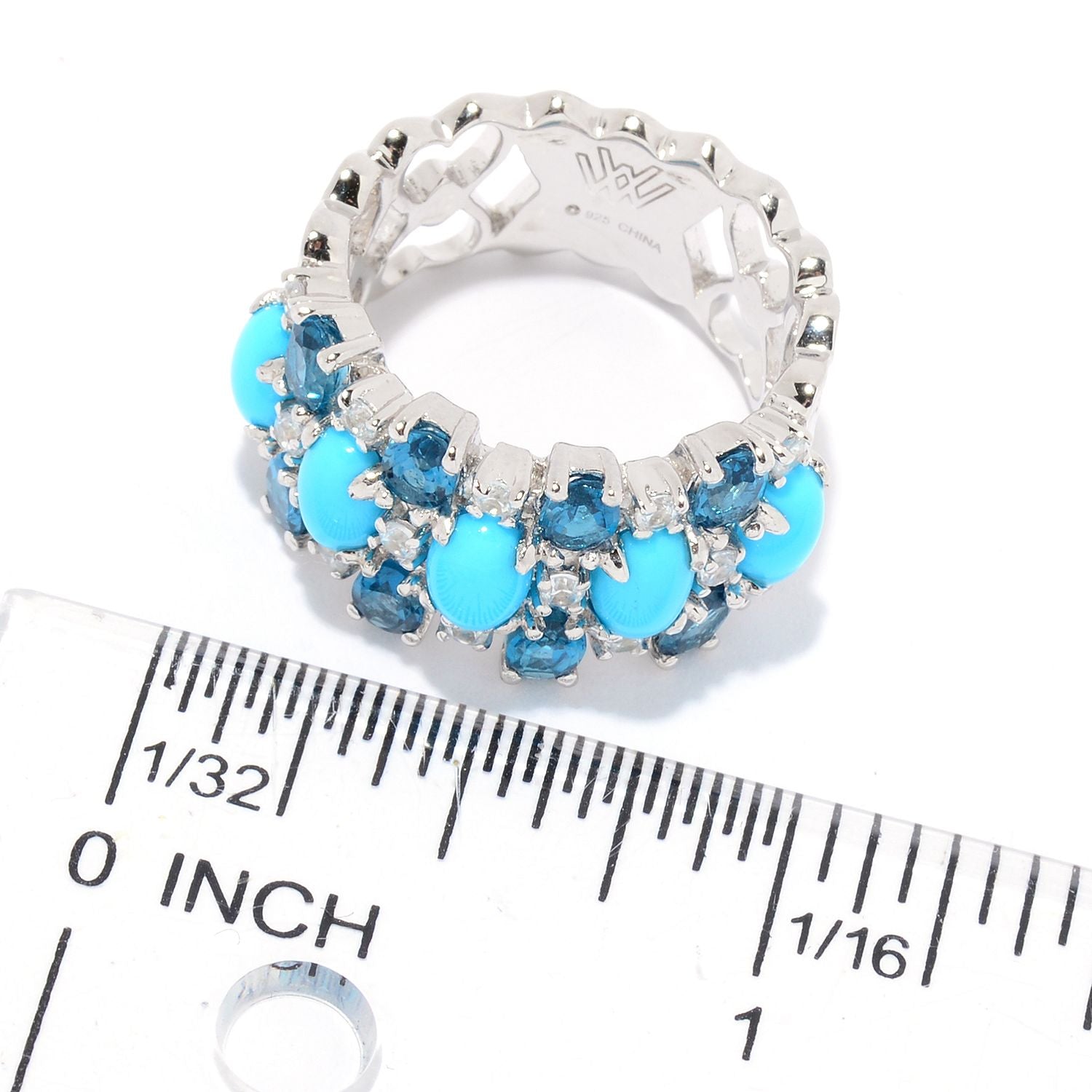 925 Sterling Silver Sleeping Beauty Turquoise, London Blue Topaz, White Natural Zircon Ring - Pinctore