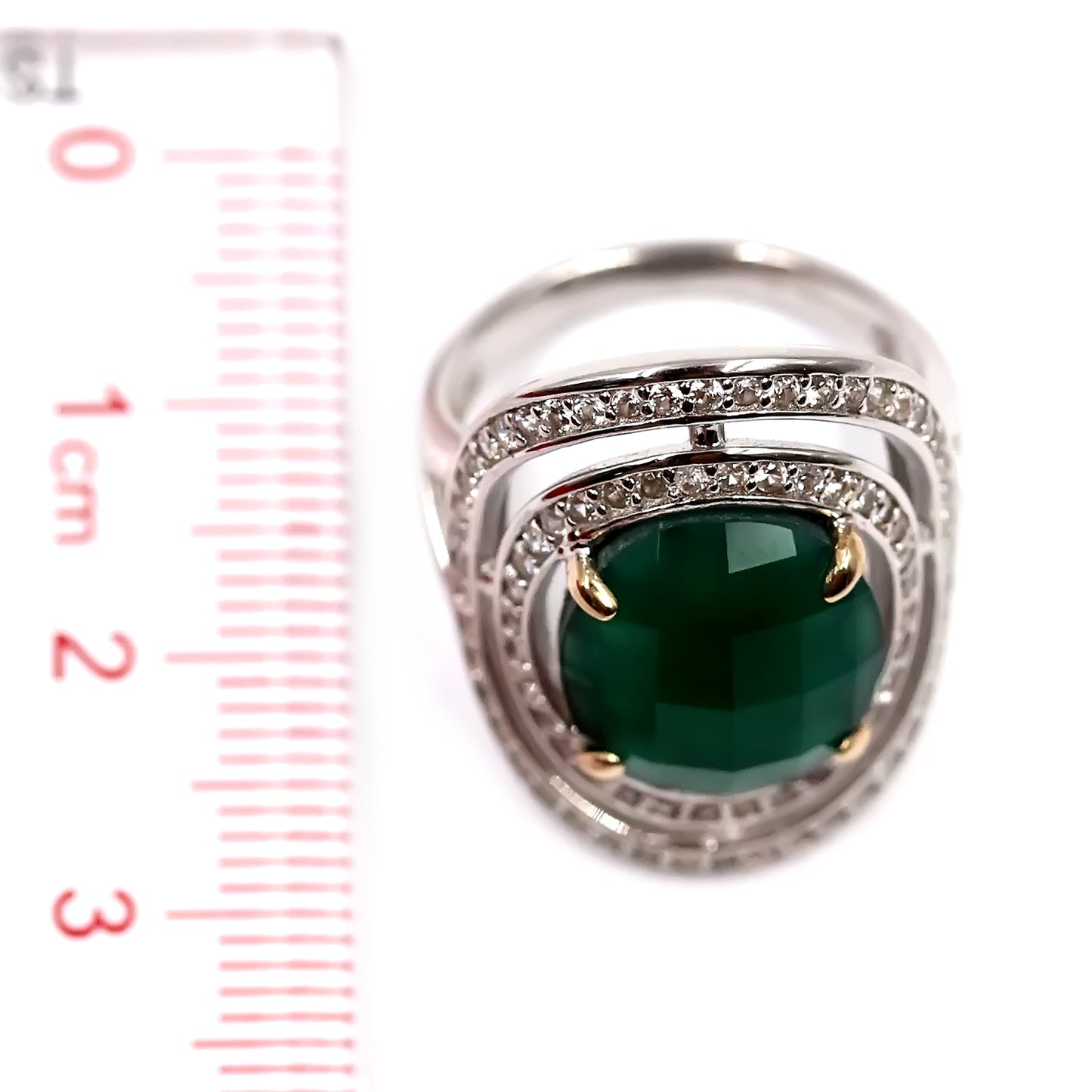 14K Gold & 925 Sterling Silver White Natural Zircon, Green Agate Ring - Pinctore