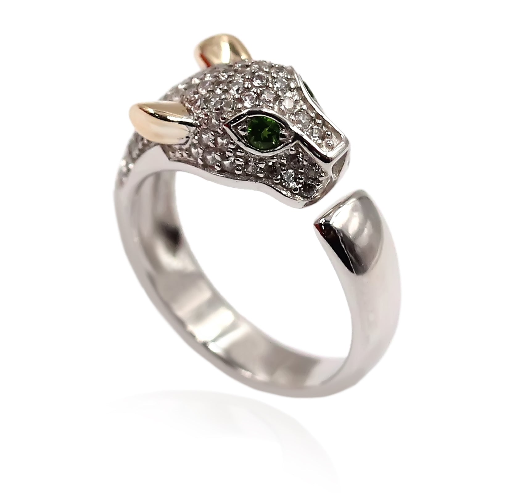 14K Gold & 925 Sterling Silver White Natural Zircon, Chrome Diopside Ring - Pinctore