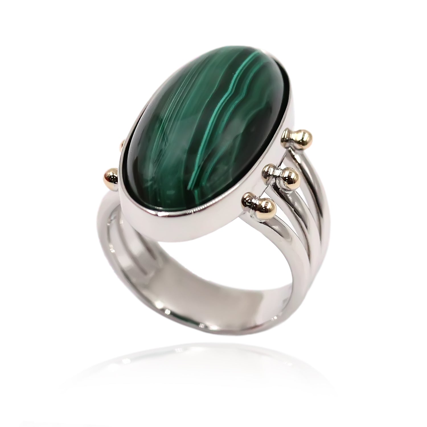 14K Gold & 925 Sterling Silver Malachite Ring - Pinctore