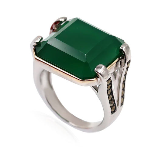 14K Gold & 925 Sterling Silver Green Agate, Marcasite Ring - Pinctore