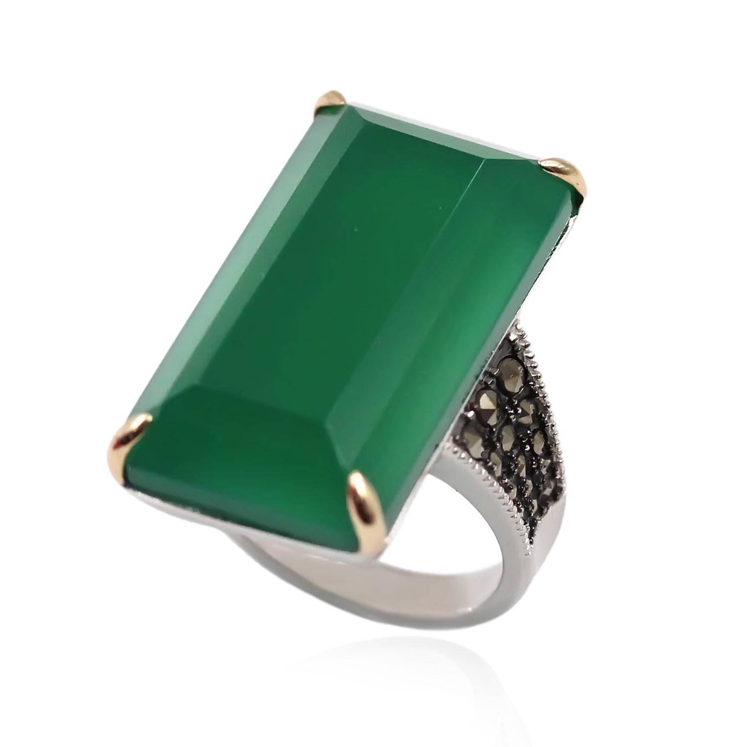 14K Gold & 925 Sterling Silver Marcasite, Green Agate Ring - Pinctore