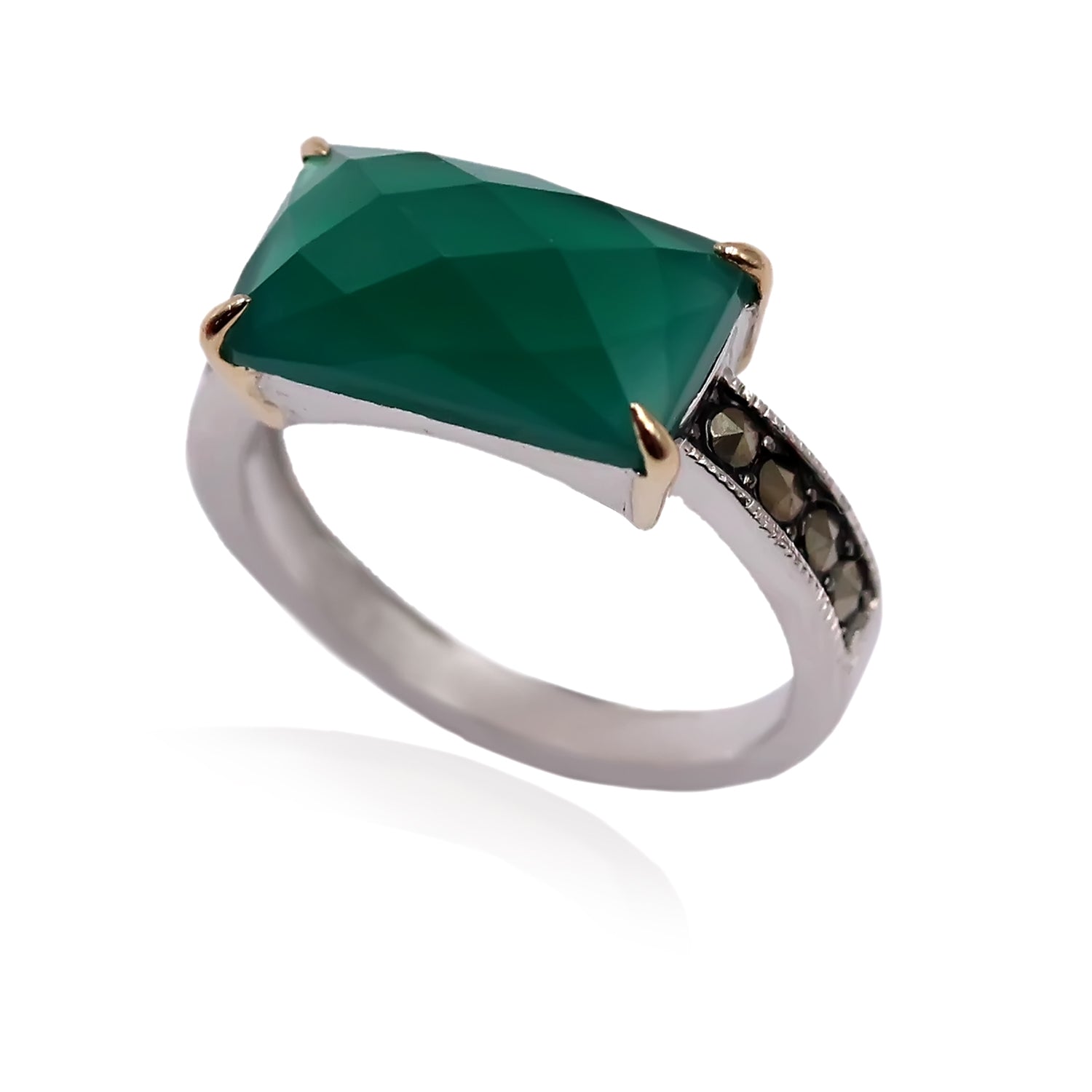 14K Gold & 925 Sterling Silver Marcasite, Green Agate Ring - Pinctore