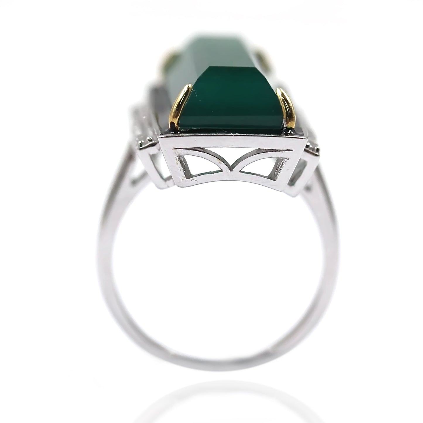 14K Gold & 925 Sterling Silver Green Agate, White Natural Zircon Ring - Pinctore