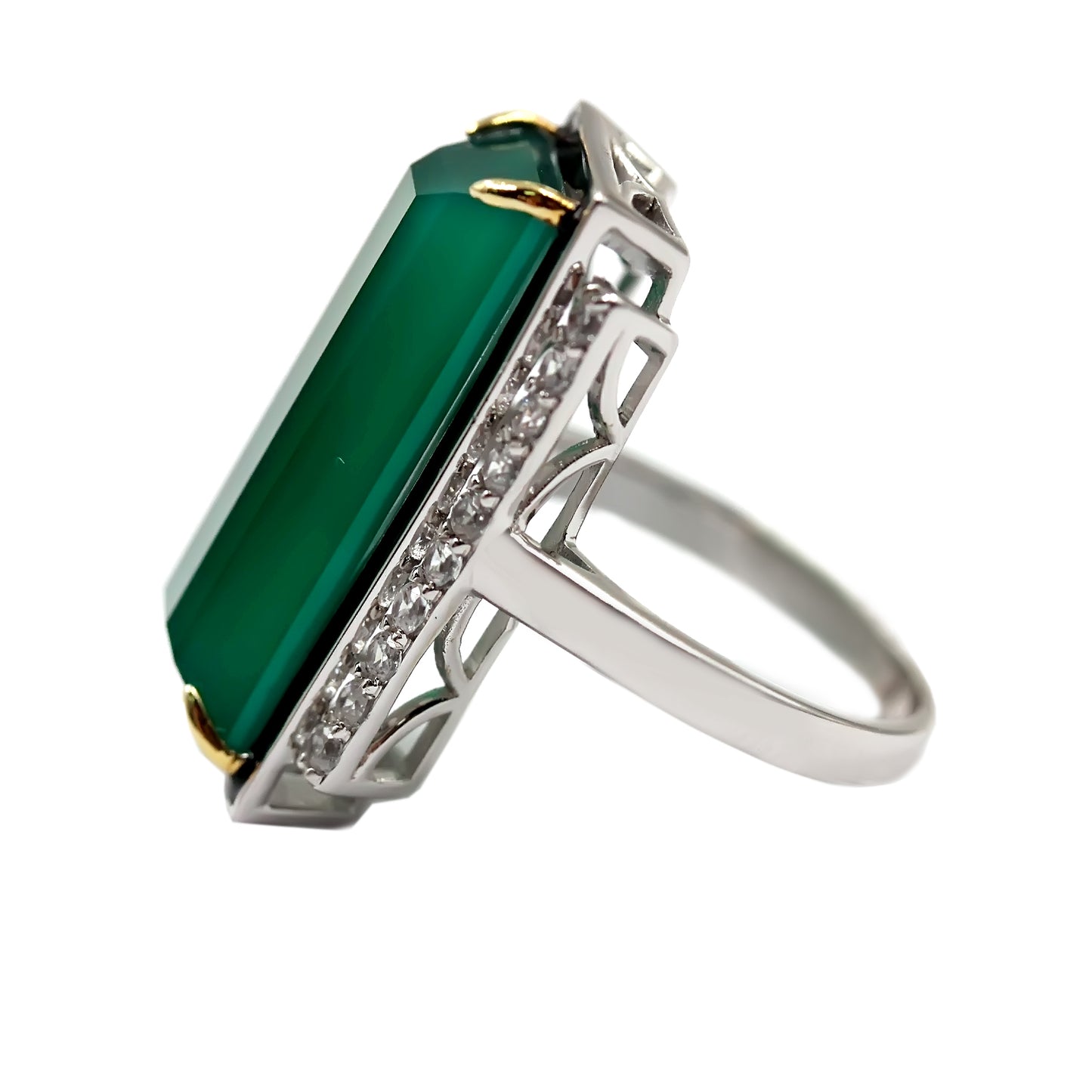 14K Gold & 925 Sterling Silver Green Agate, White Natural Zircon Ring - Pinctore