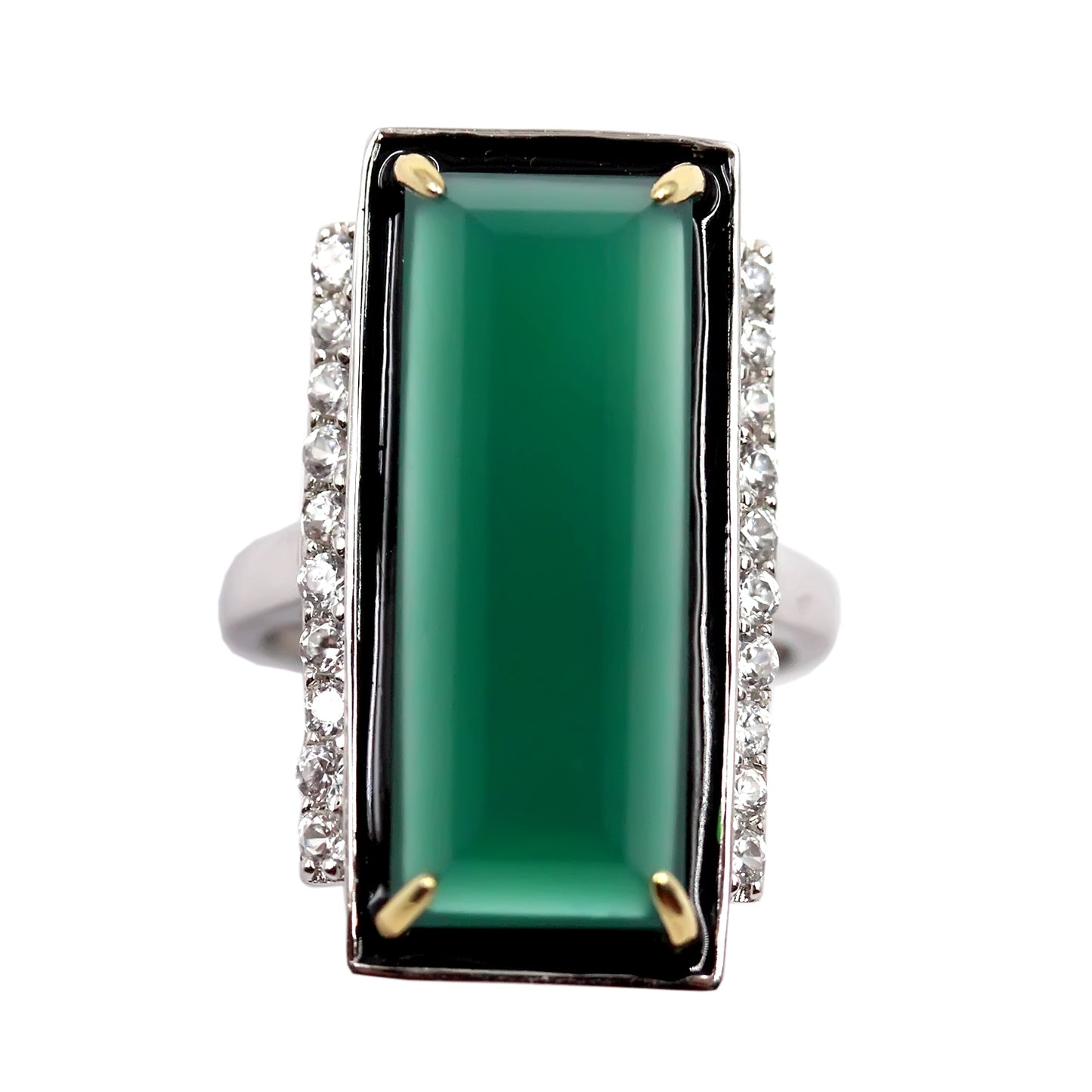 14K Gold & 925 Sterling Silver Green Agate, White Natural Zircon Ring - Pinctore