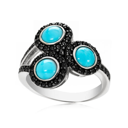 925 Sterling Silver Sleeping Beauty Turquoise, Black Spinel Ring - Pinctore