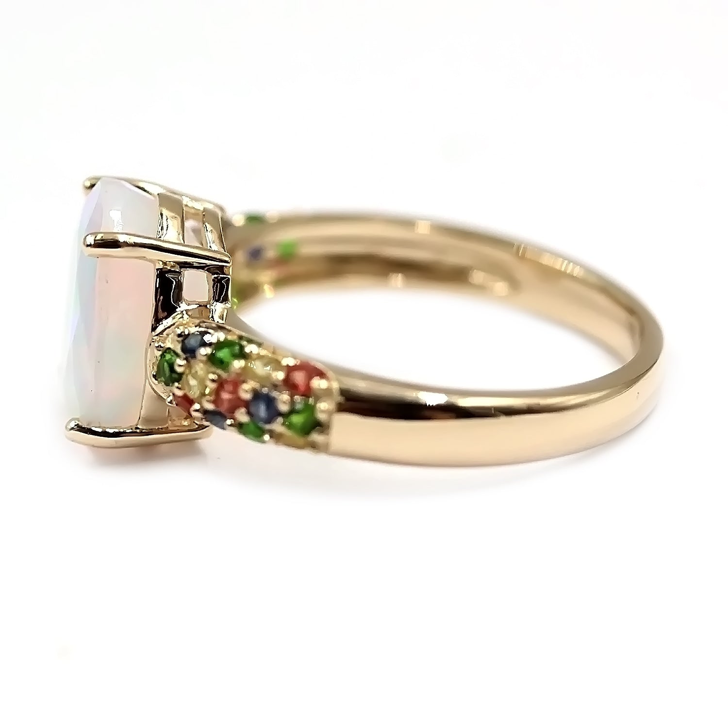 14kt Yellow Gold Ethiopian Opal, Chrome Diopside, Multi Sapphire Ring - Pinctore